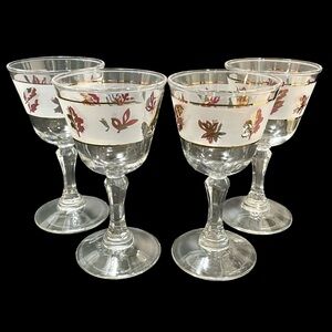 Vintage 1950s Libbey Glass Golden Foliage Set of 4 Cocktail Glasses Gold Leaves